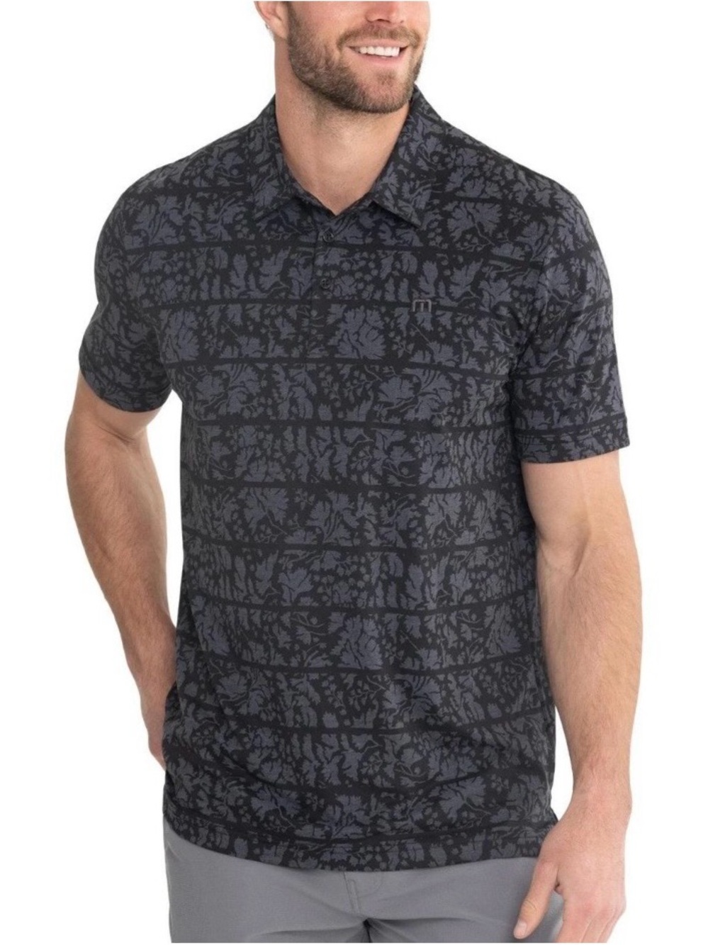 Travis Mathew Men's Black and Dark Gray Patterned Short Sleeve Polo. Size L